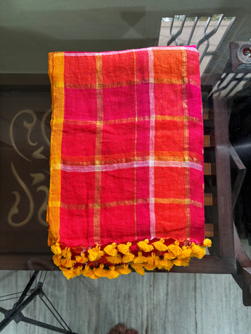 Orange and Pink Lenin Saree
