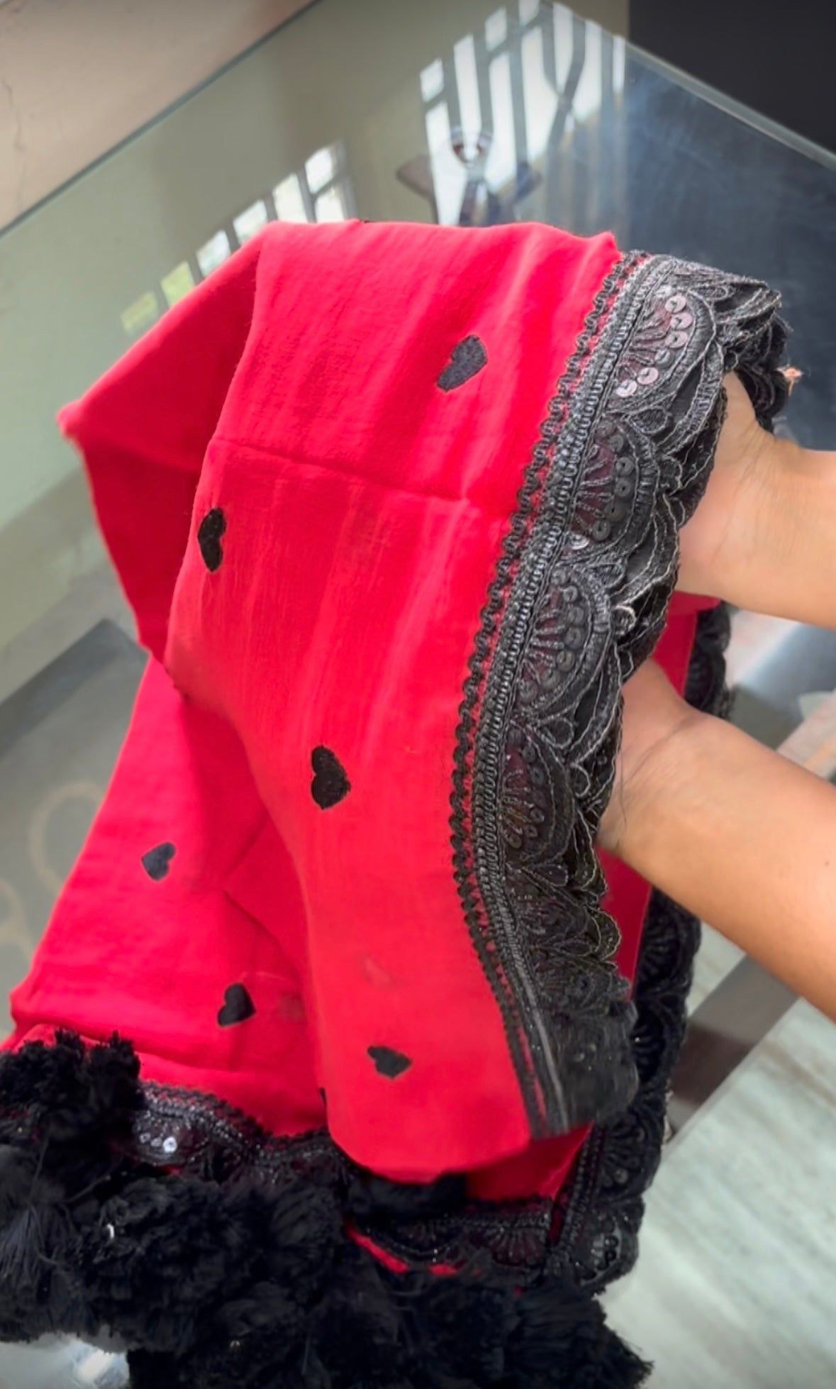 Red with black hearts and Lace border