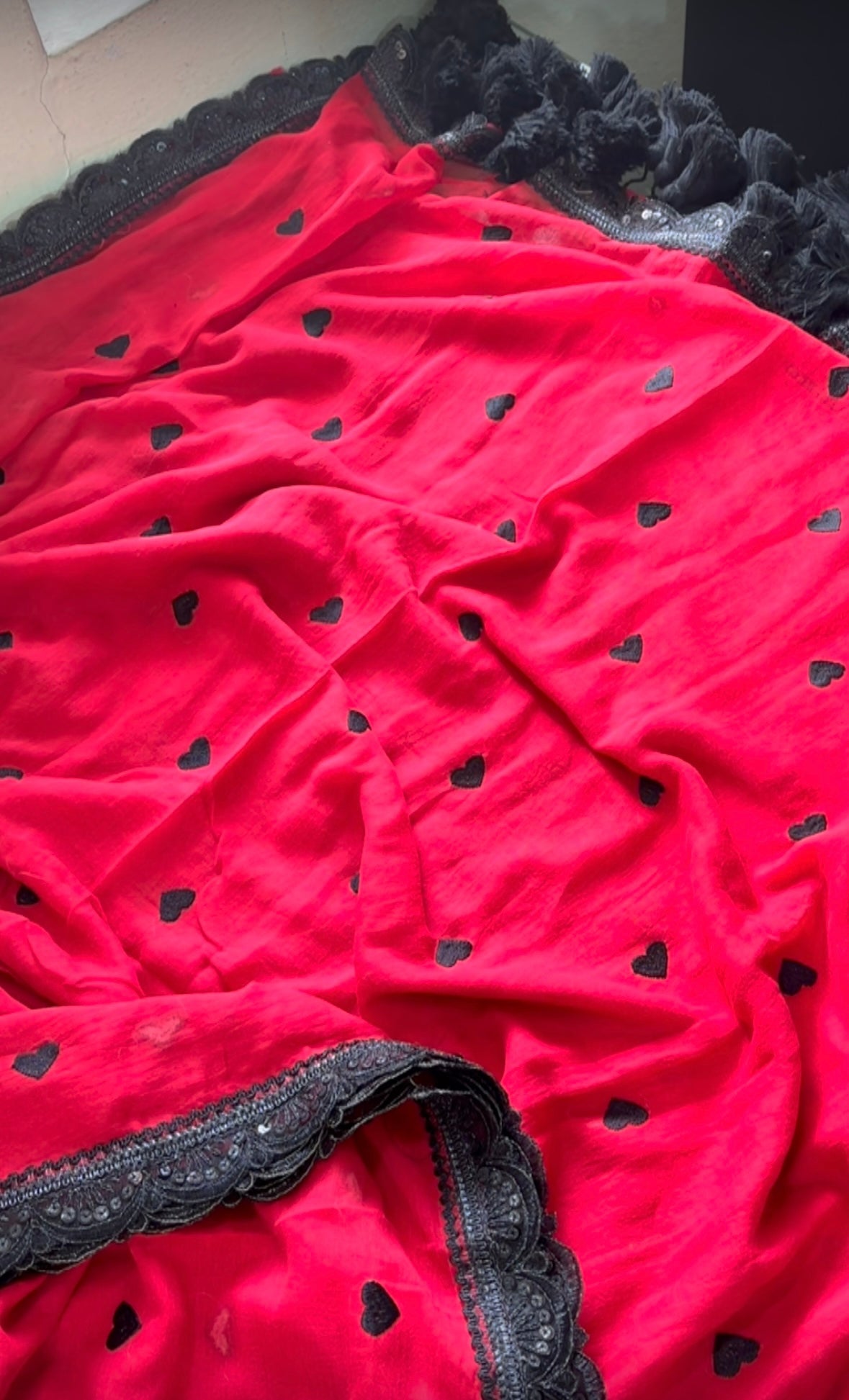 Red with black hearts and Lace border
