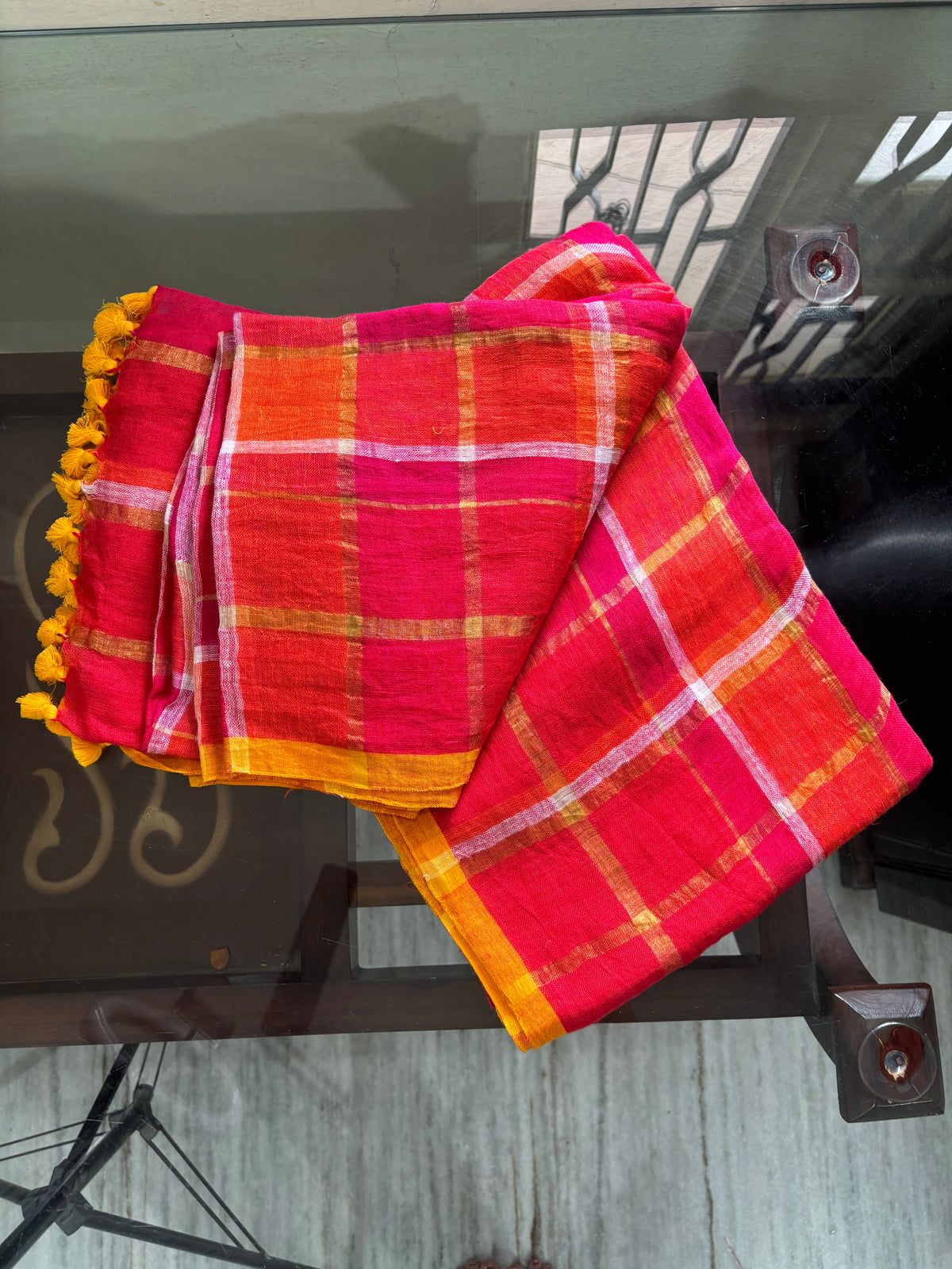 Orange and Pink Lenin Saree
