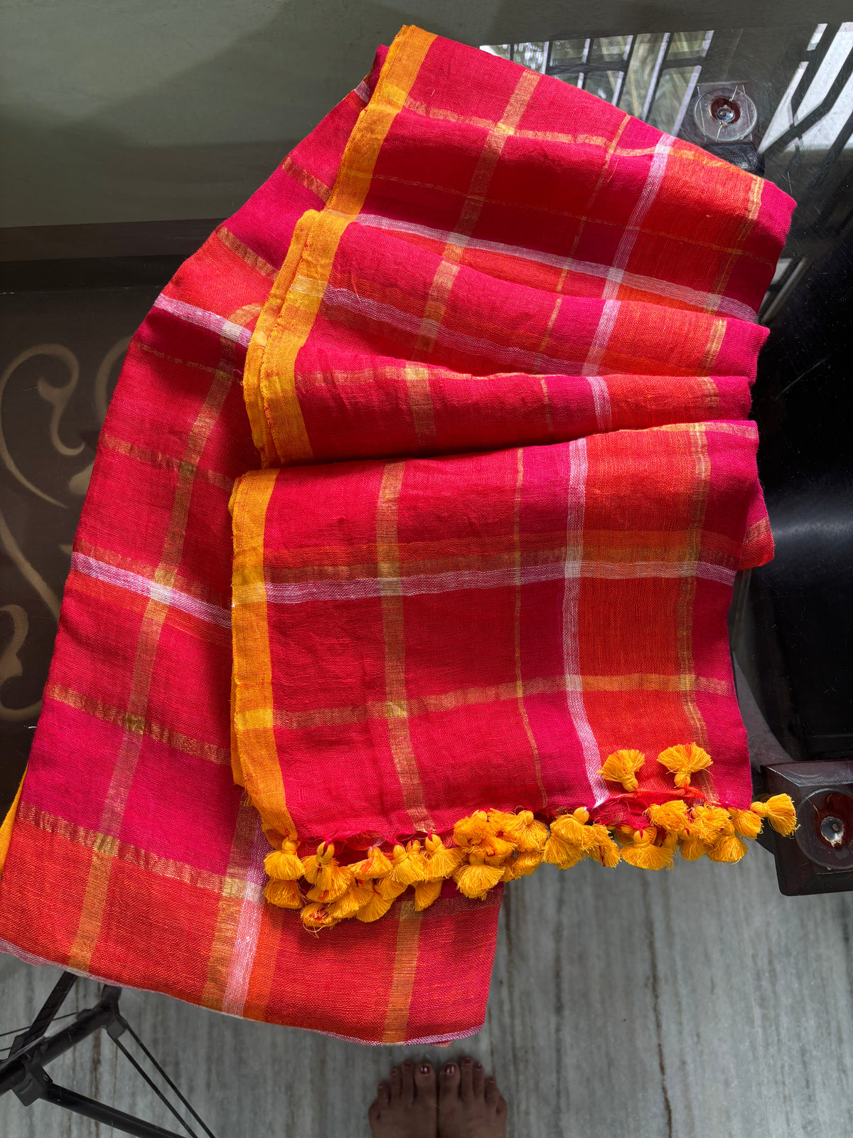 Orange and Pink Lenin Saree