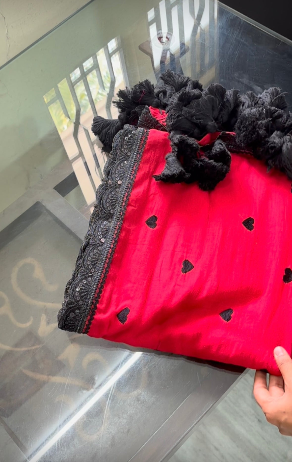 Red with black hearts and Lace border