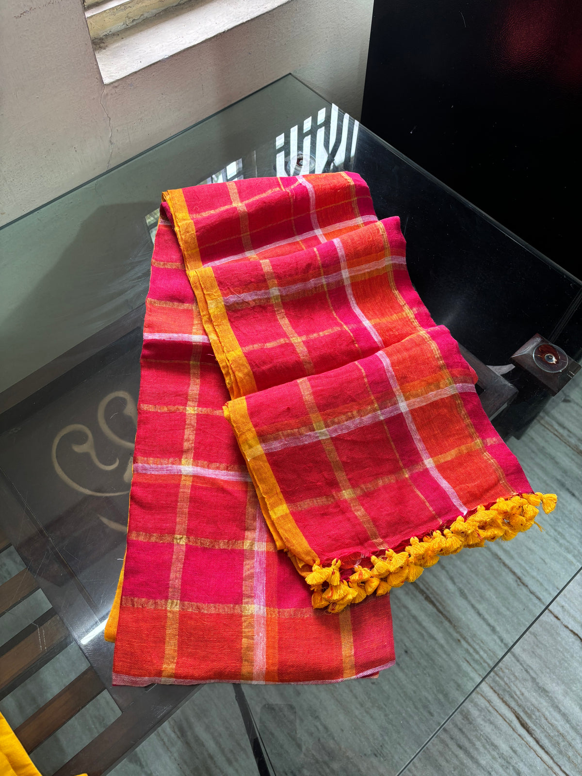 Orange and Pink Lenin Saree