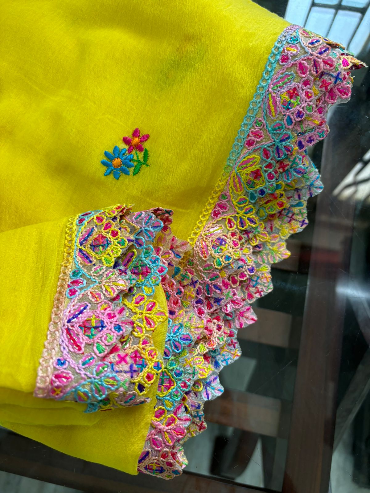 Yellow with multi colour lace