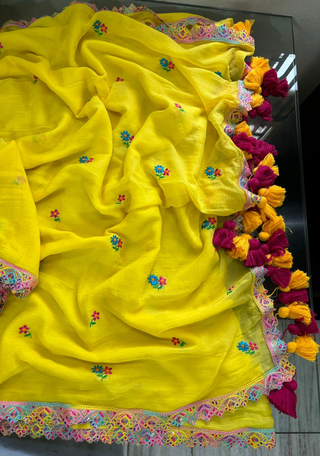 Yellow with multi colour lace