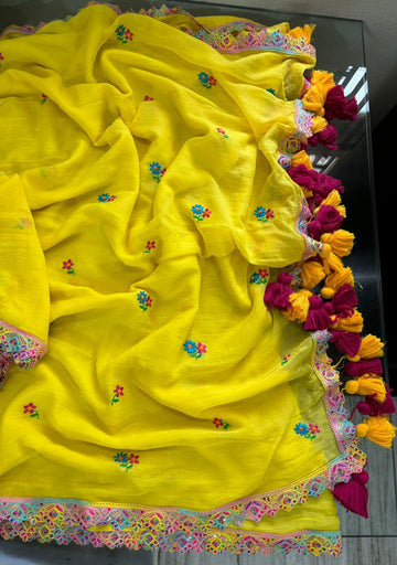 Yellow with multi colour lace