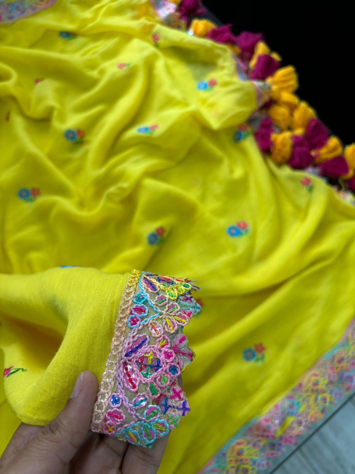 Yellow with multi colour lace
