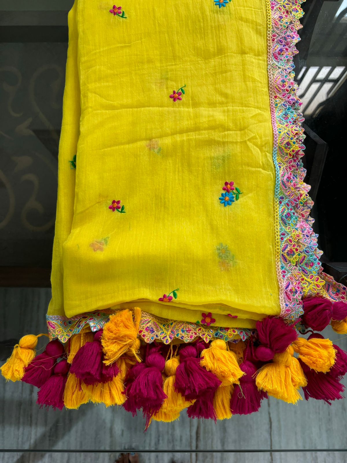 Yellow with multi colour lace