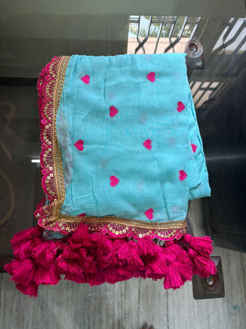 Sky blue with pink lace border