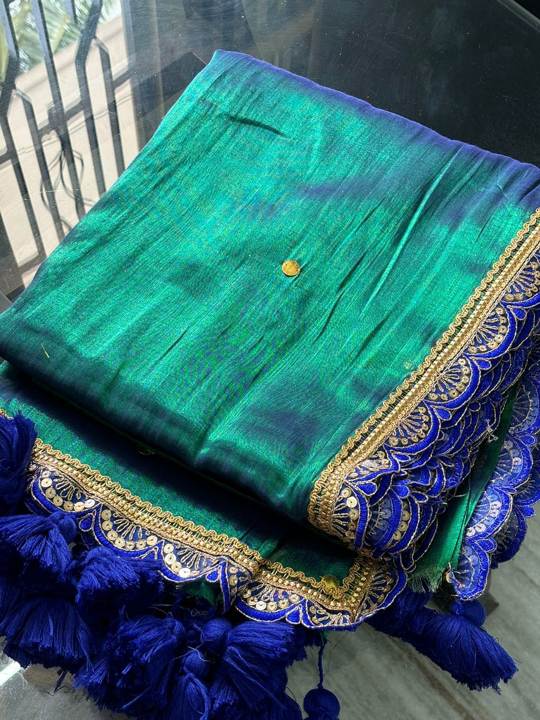 Green and blue tissue saree