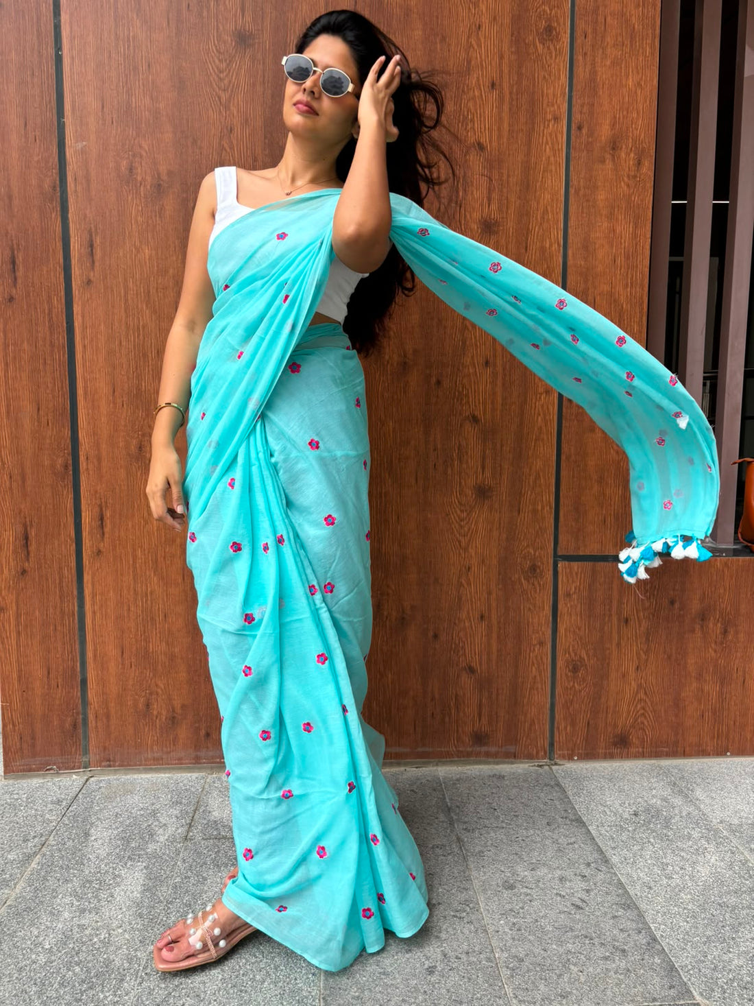 Sky blue with pink flowers