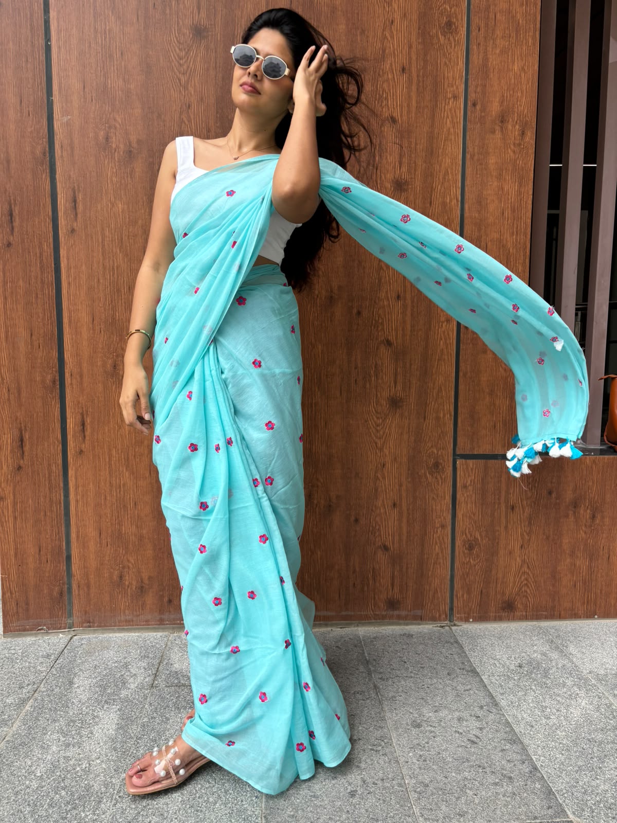 Sky blue with pink flowers