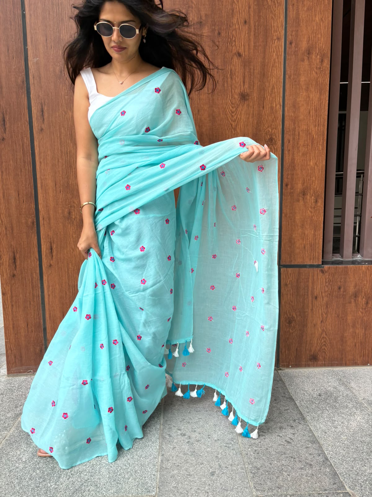 Sky blue with pink flowers