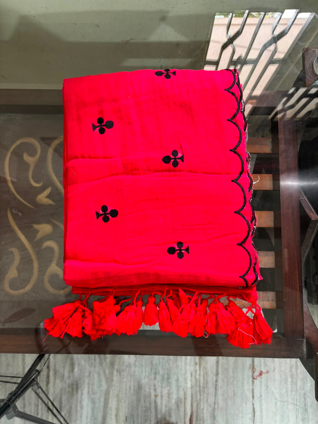 Red saree with club design