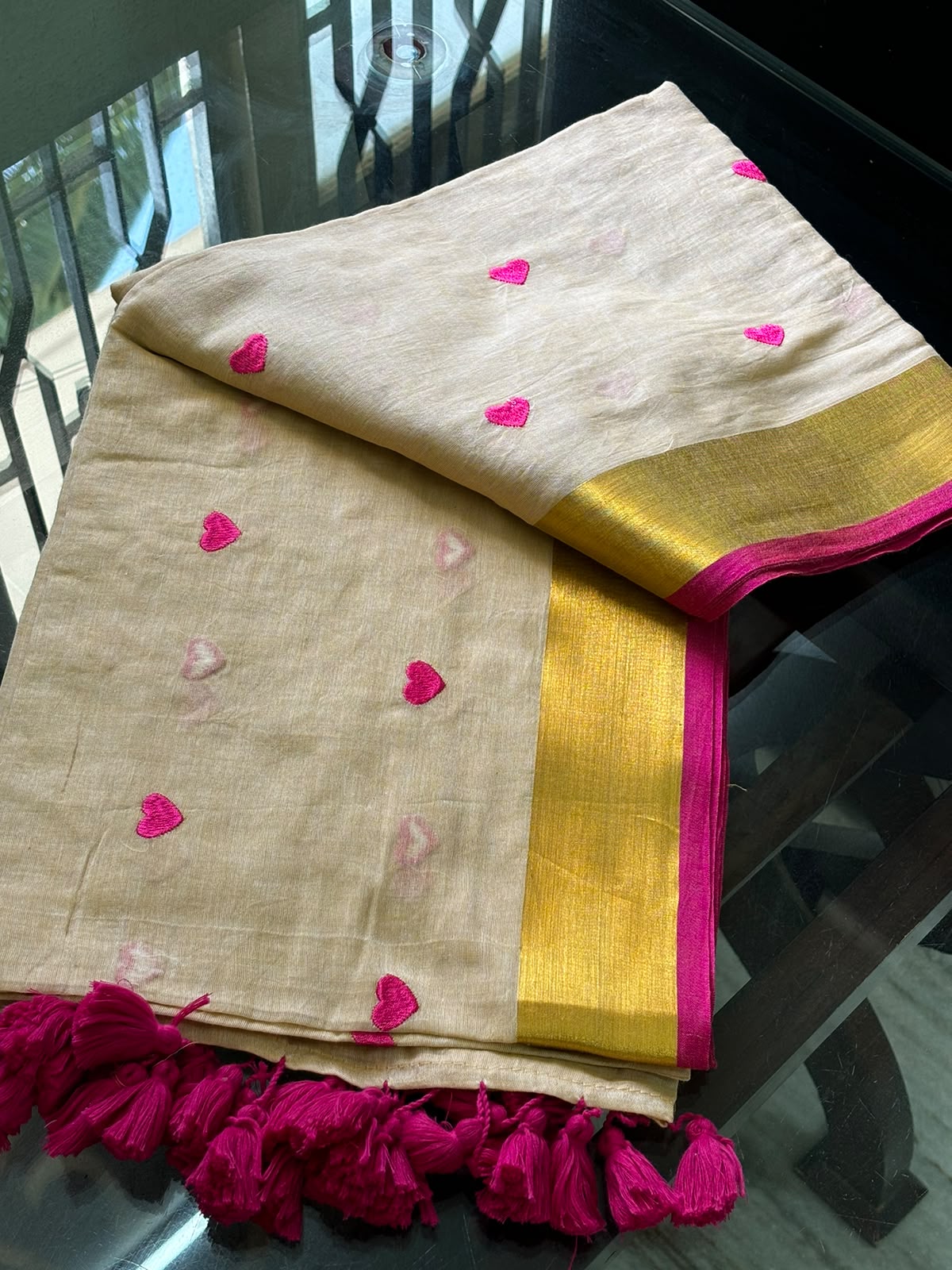 Beige with pink hearts