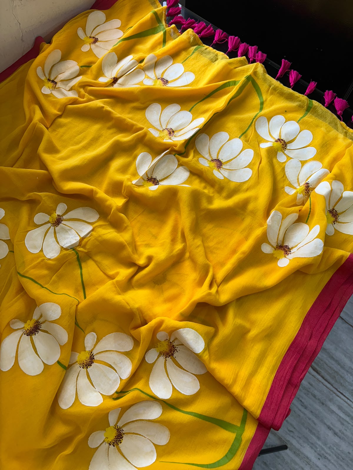 Mango yellow hand painted saree