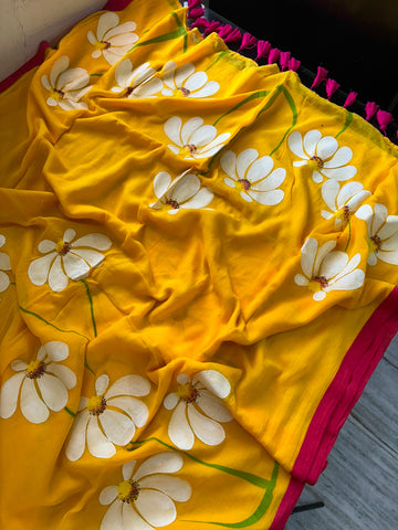 Mango yellow hand painted saree