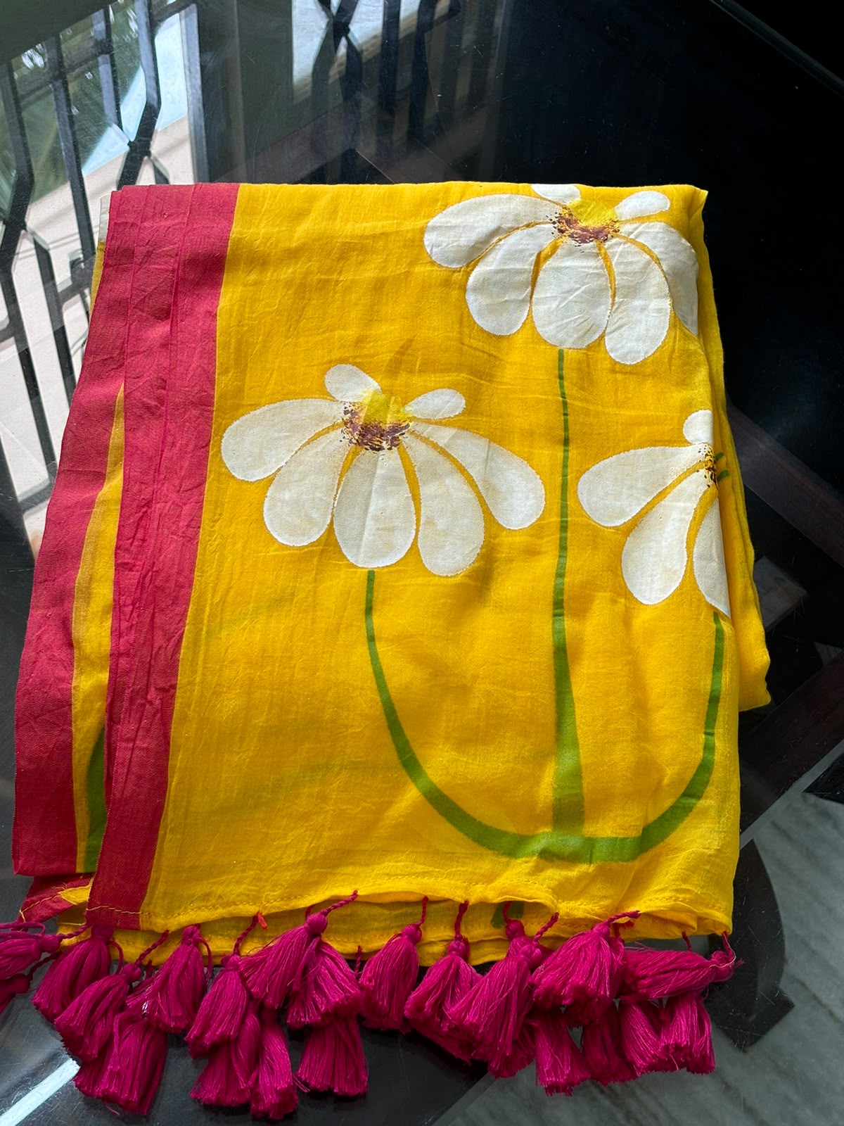 Mango yellow hand painted saree