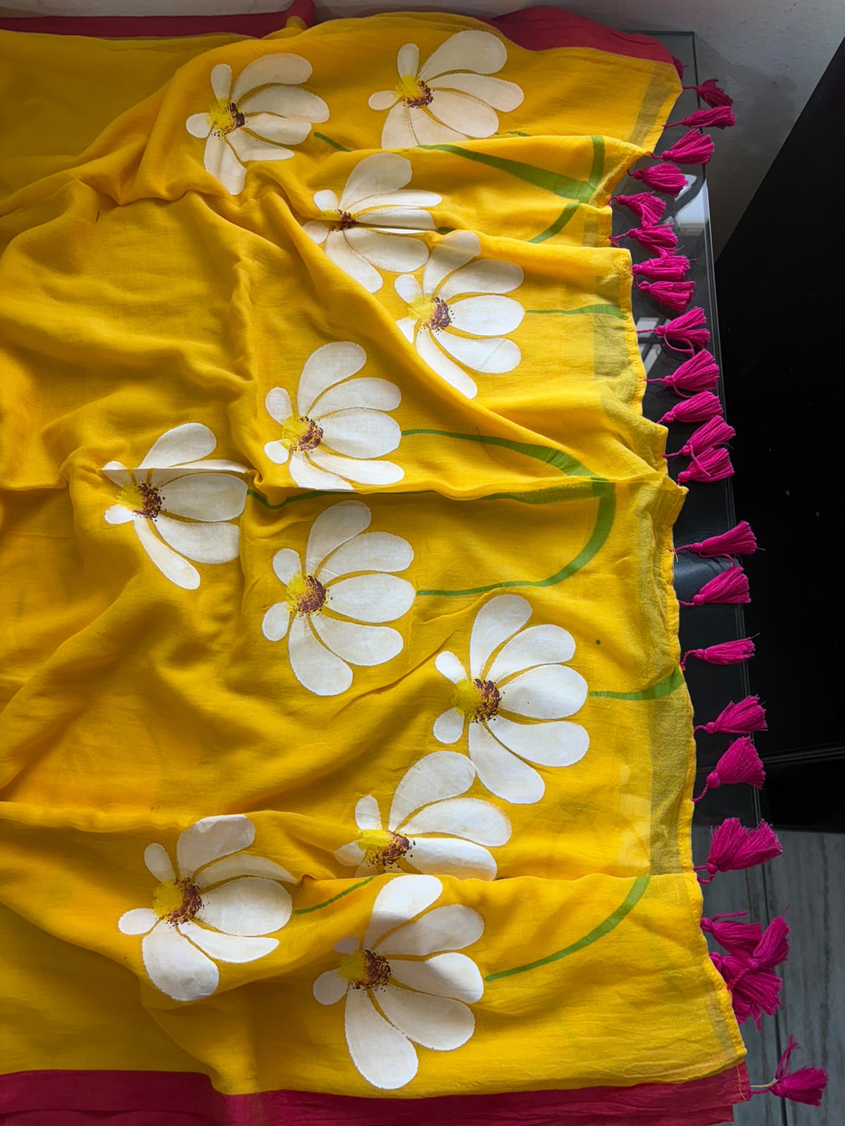 Mango yellow hand painted saree