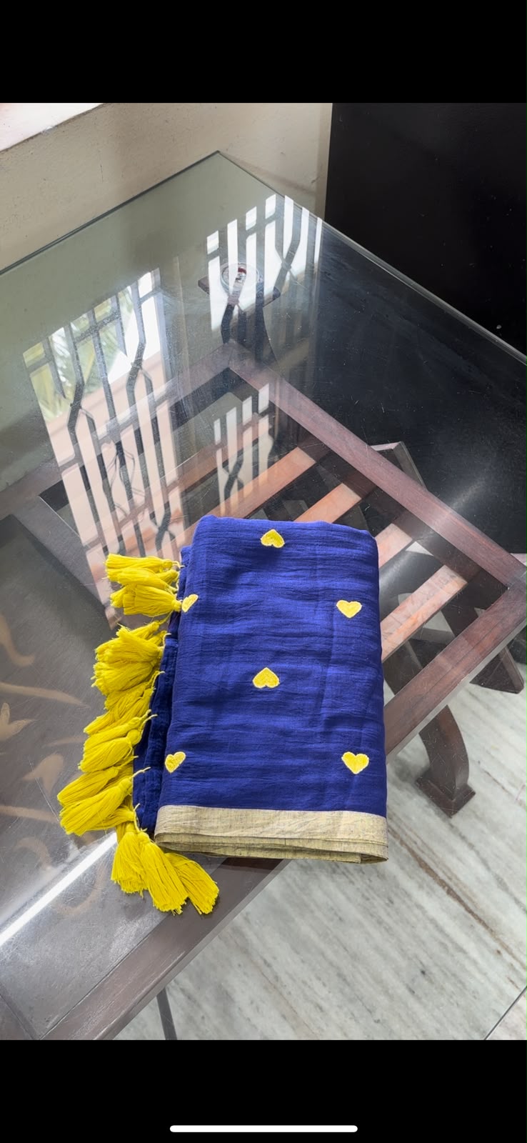 Navy blue with yellow hearts