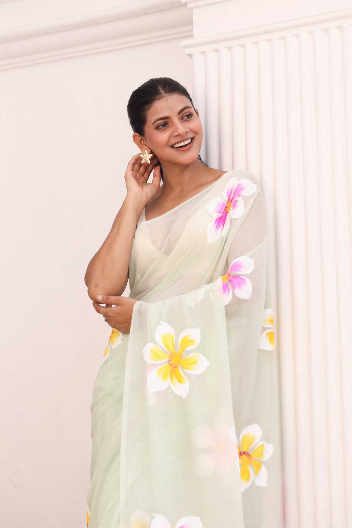 Hand painted saree light green