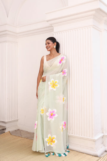 Hand painted saree light green