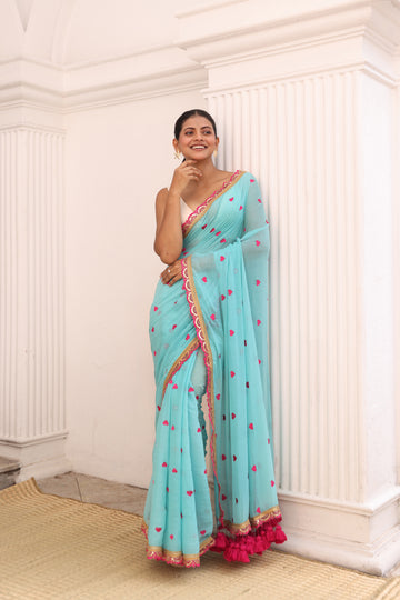 Sky blue with pink lace border