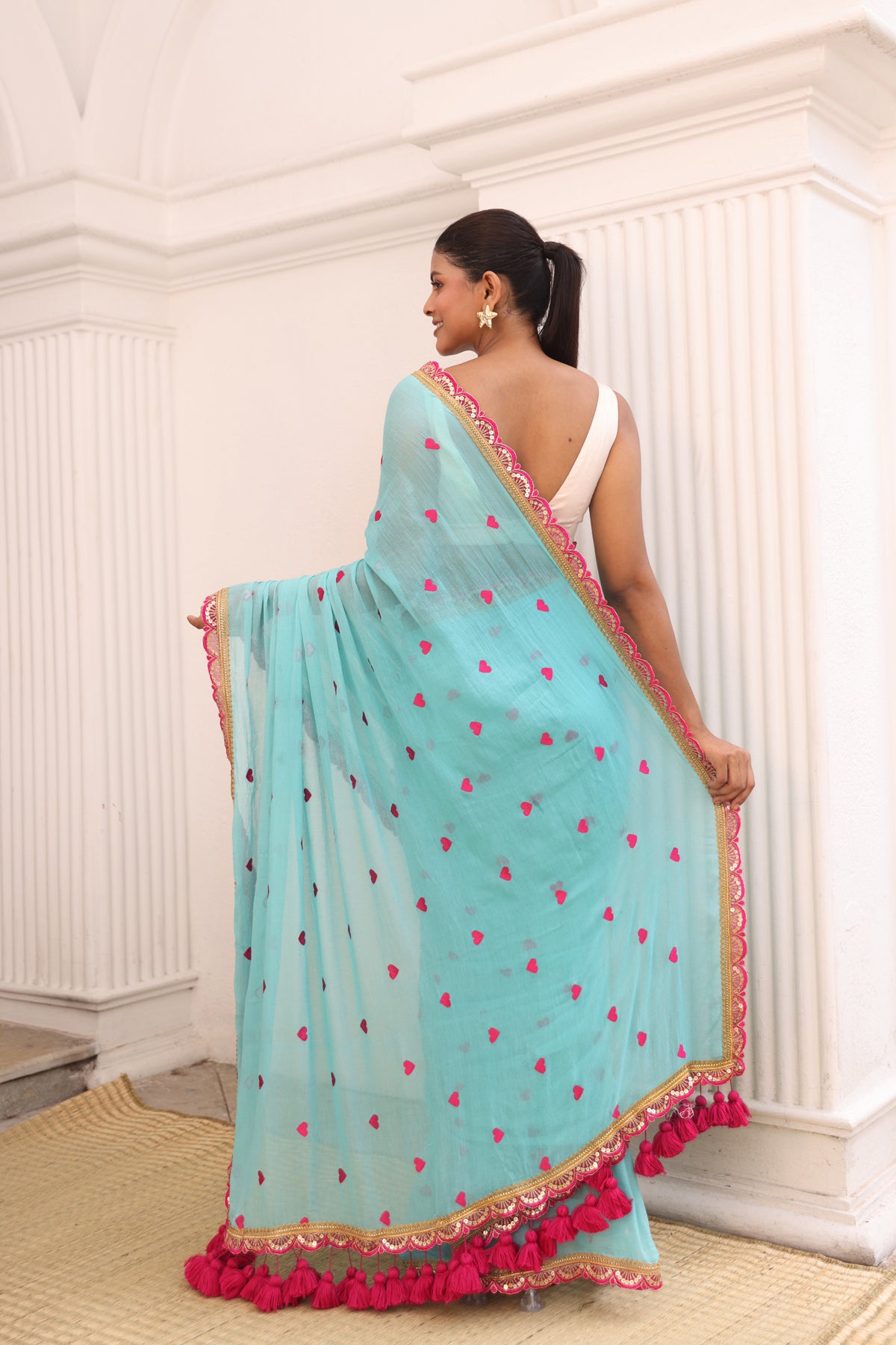 Sky blue with pink lace border