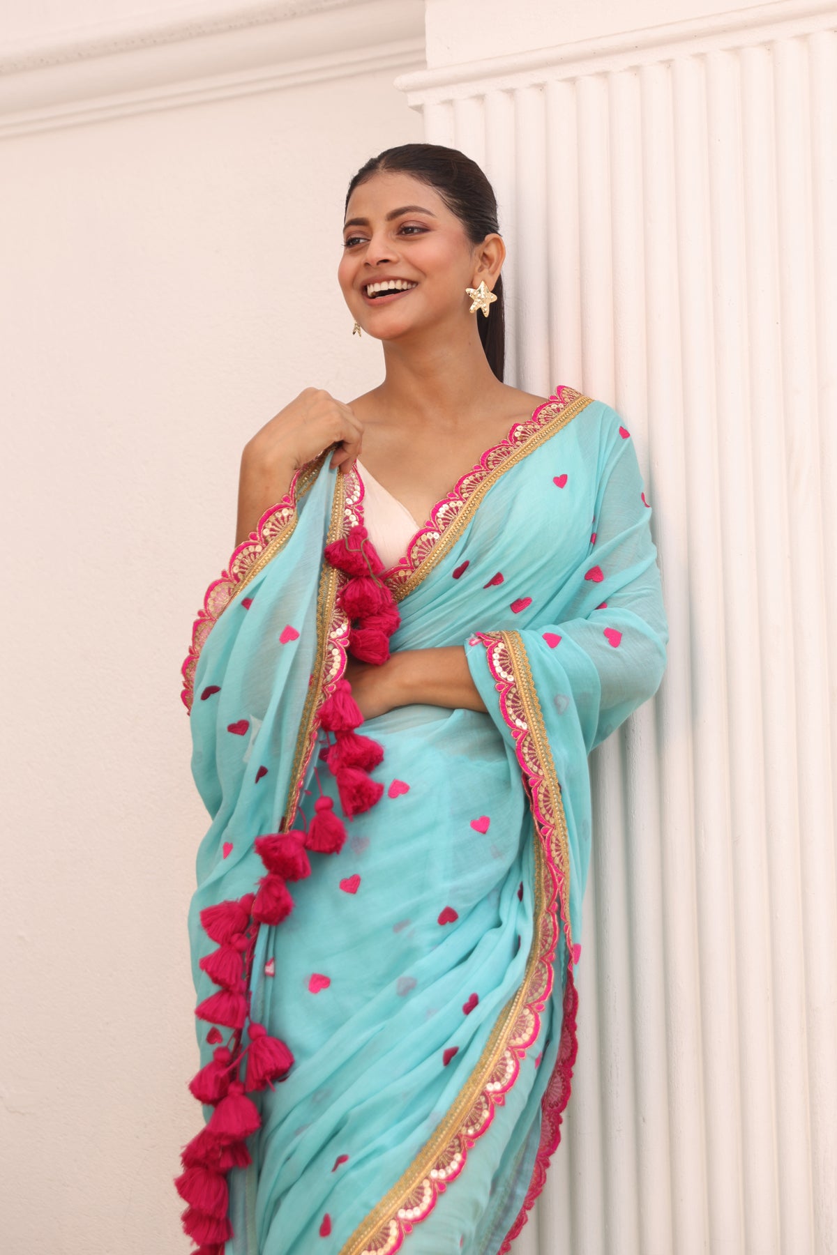 Sky blue with pink lace border
