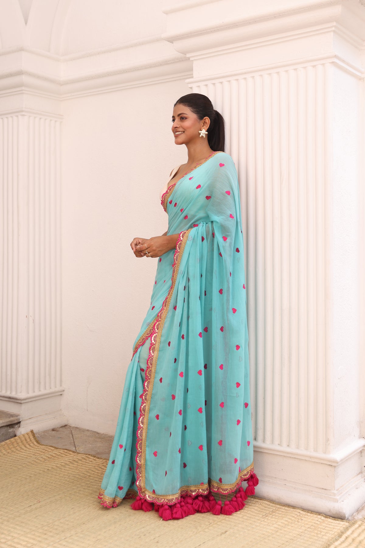 Sky blue with pink lace border