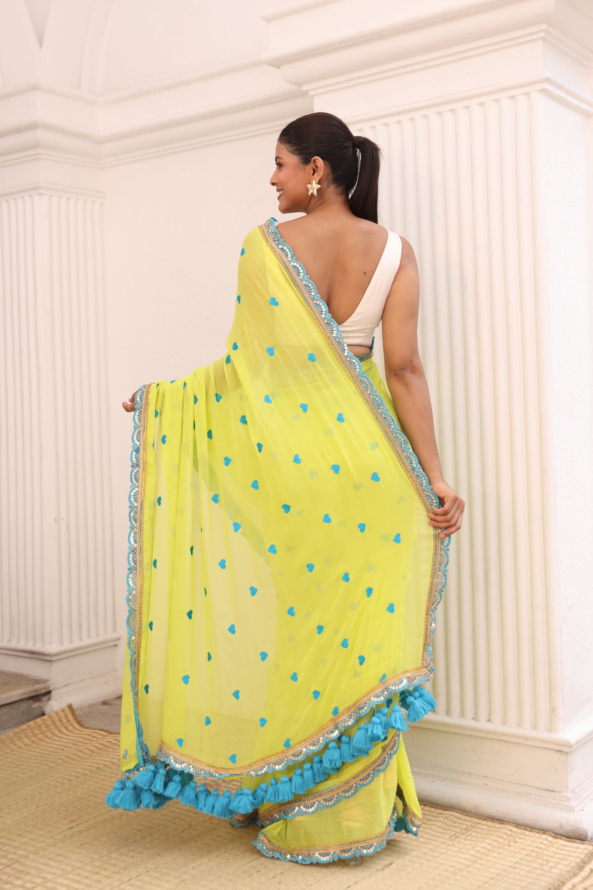 Neon green with blue lace border