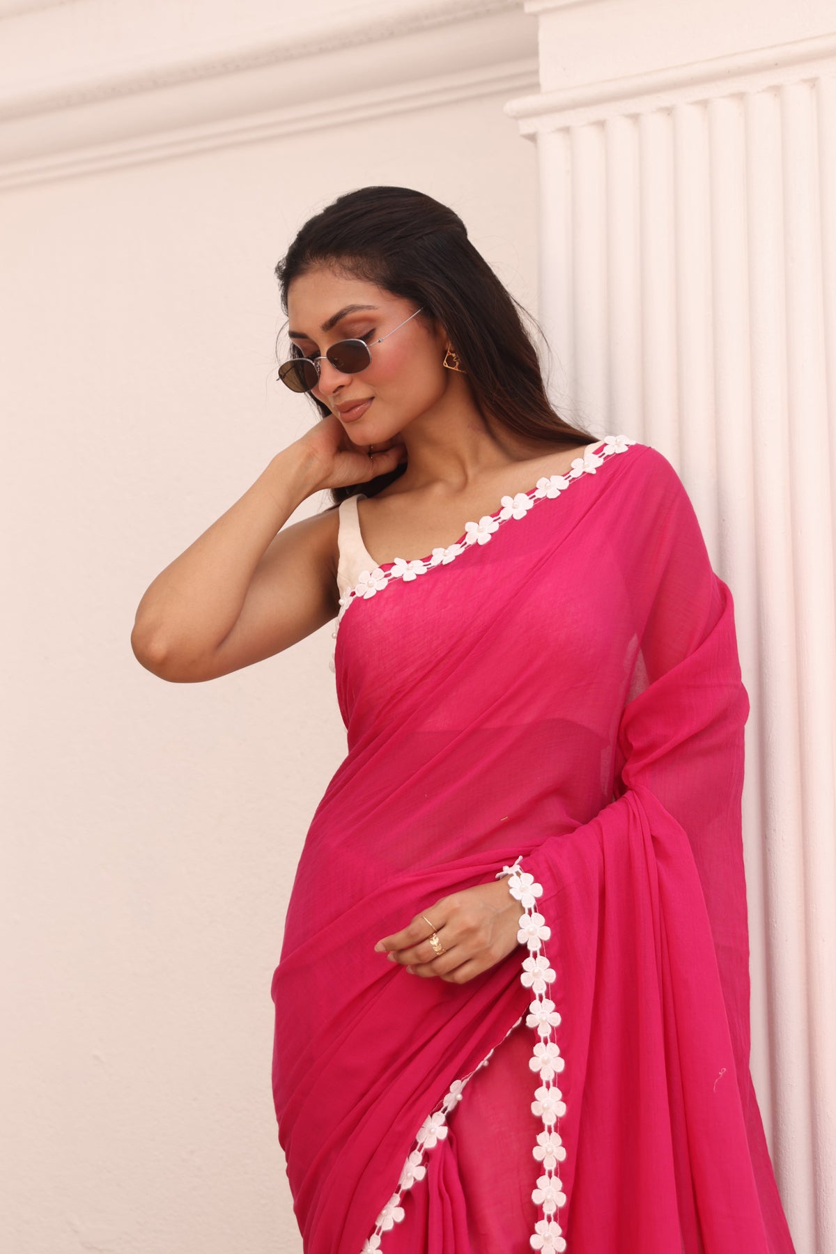 Rani pink with white moti lace