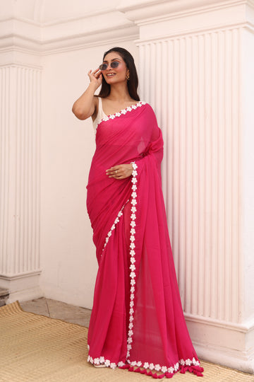 Rani pink with white moti lace