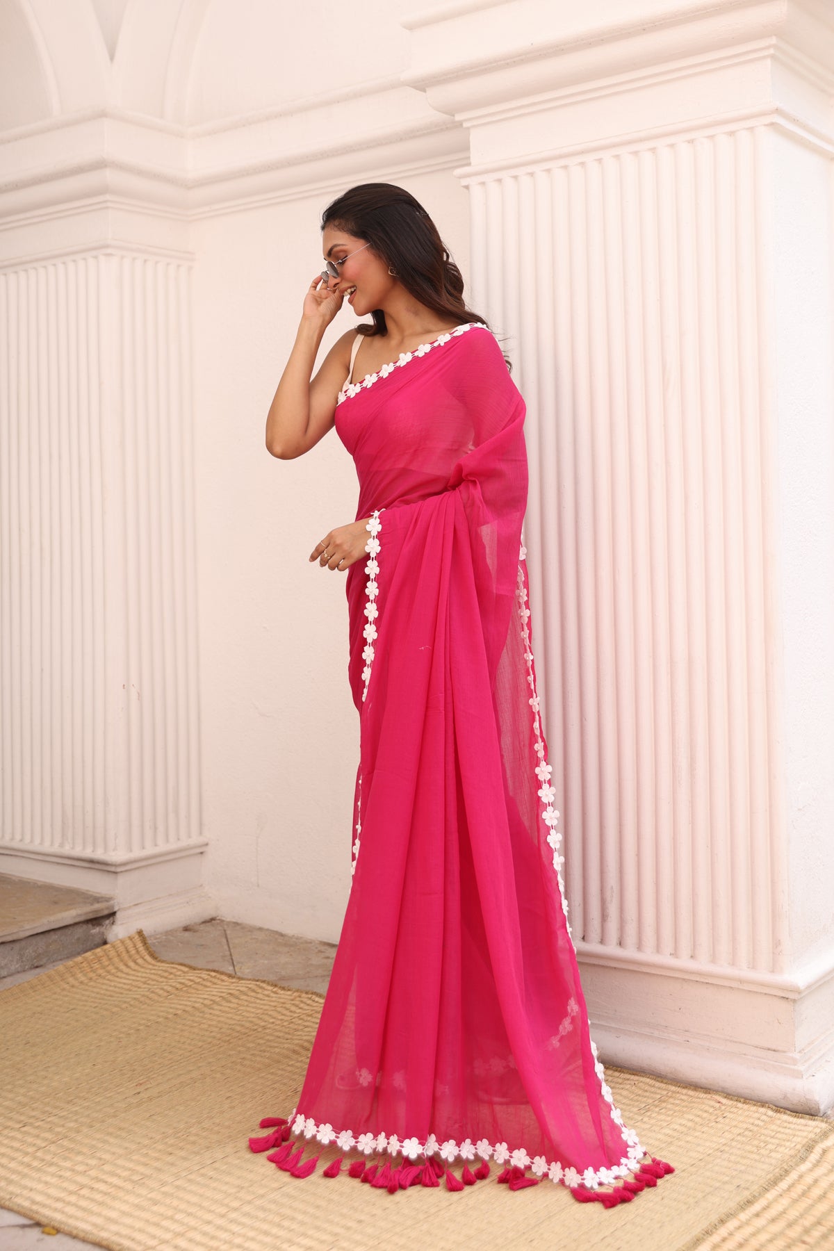 Rani pink with white moti lace