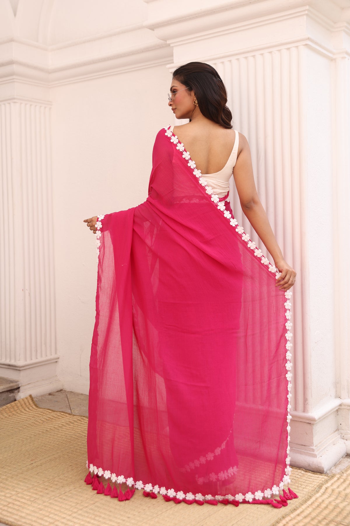 Rani pink with white moti lace