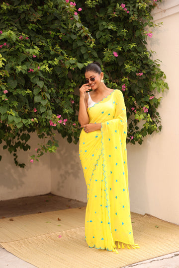 Yellow with blue hearts embroidery