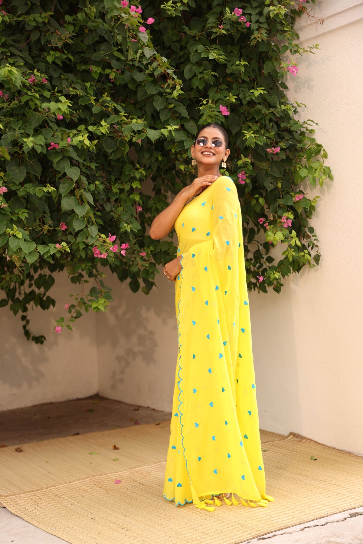 Yellow with blue hearts embroidery