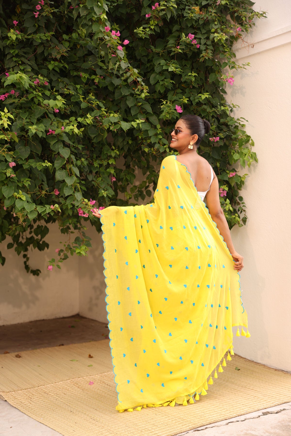 Yellow with blue hearts embroidery