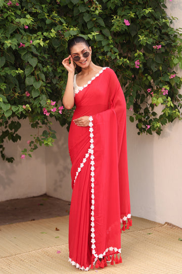Red with white moti lace