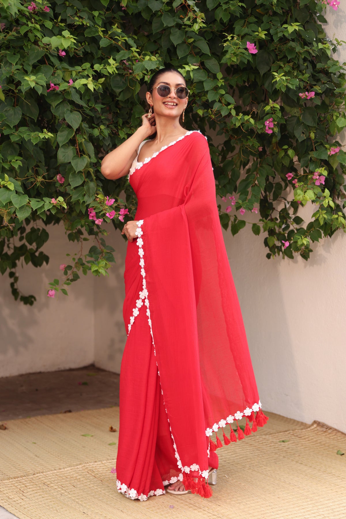 Red with white moti lace