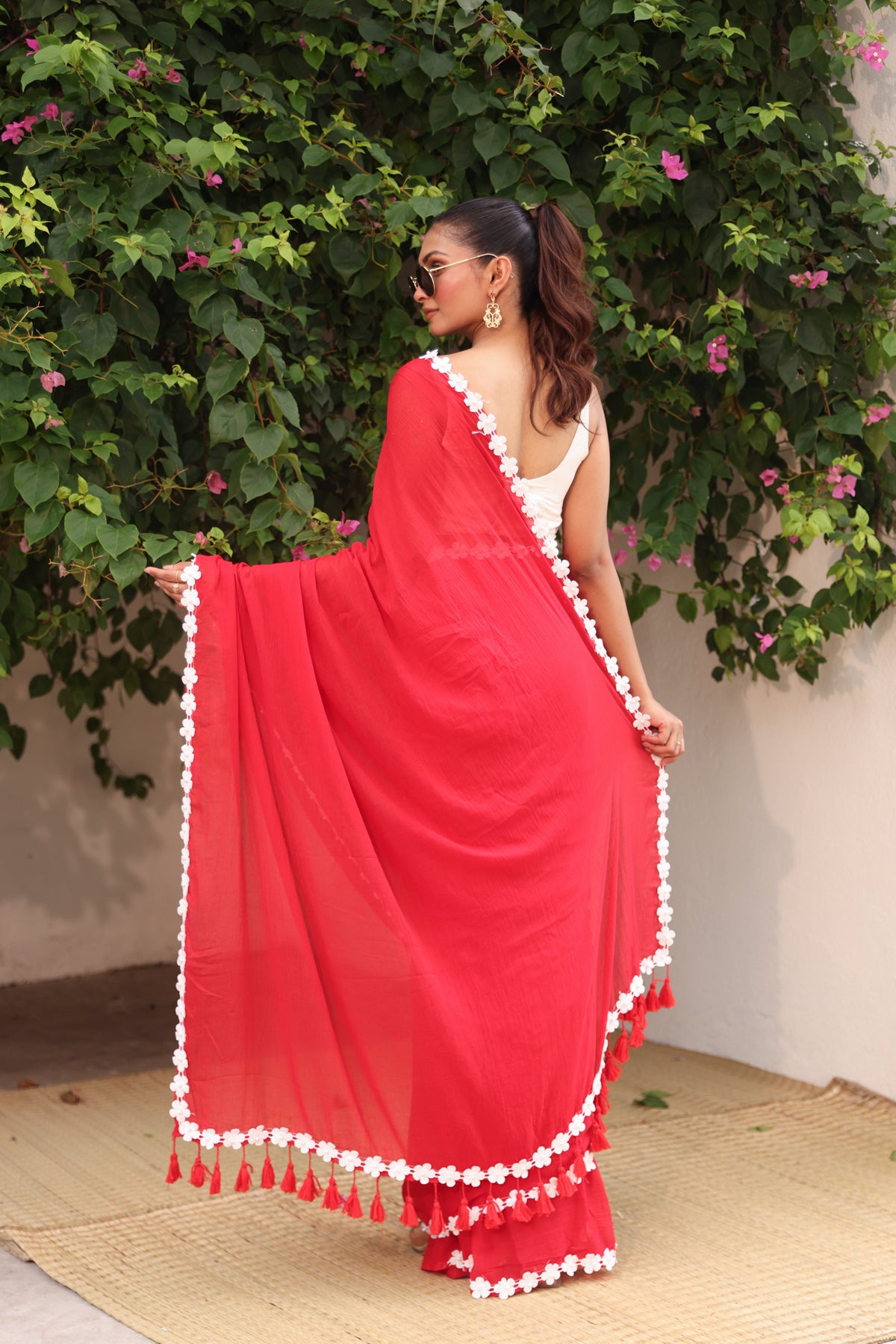 Red with white moti lace