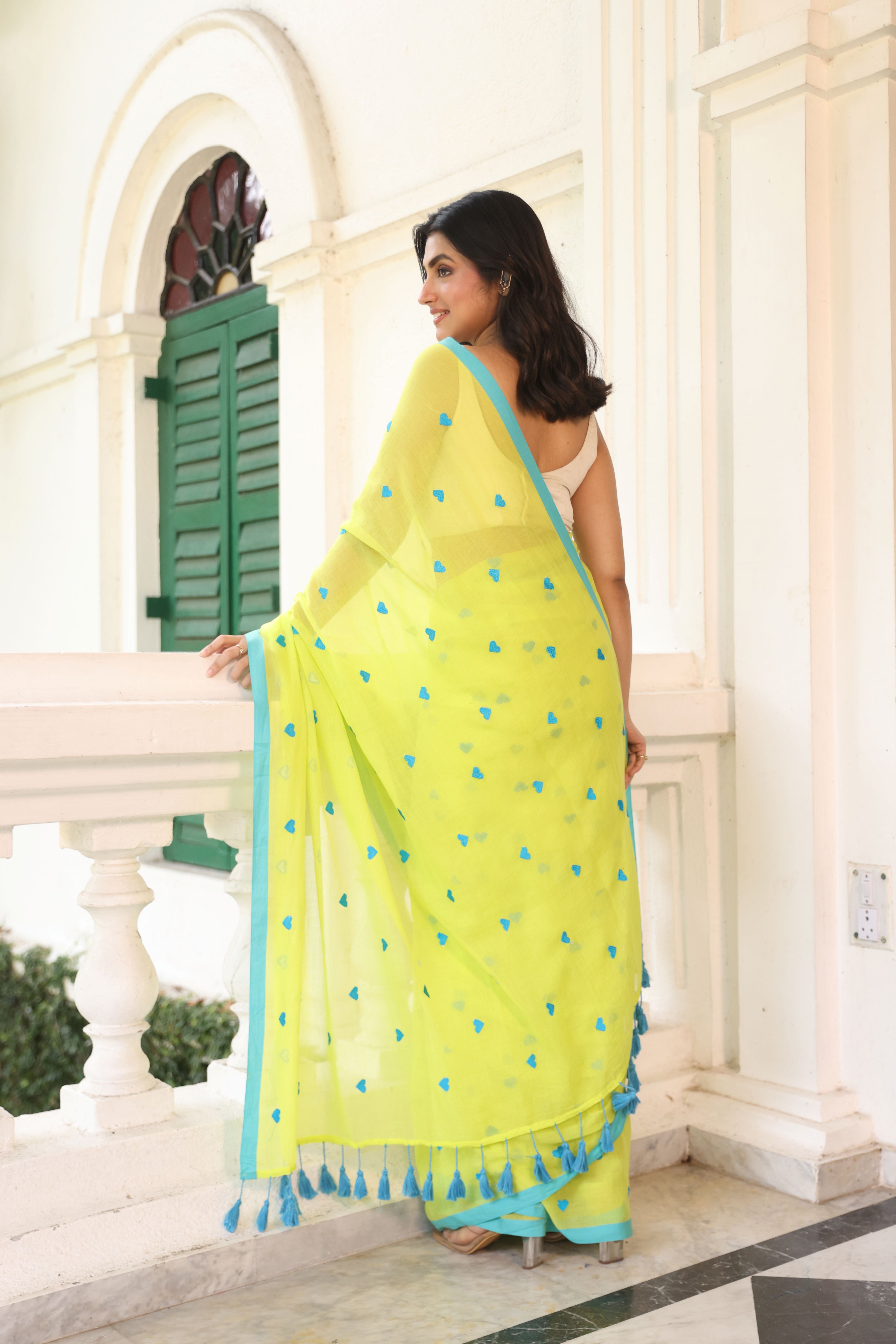 neon green with blue hearts