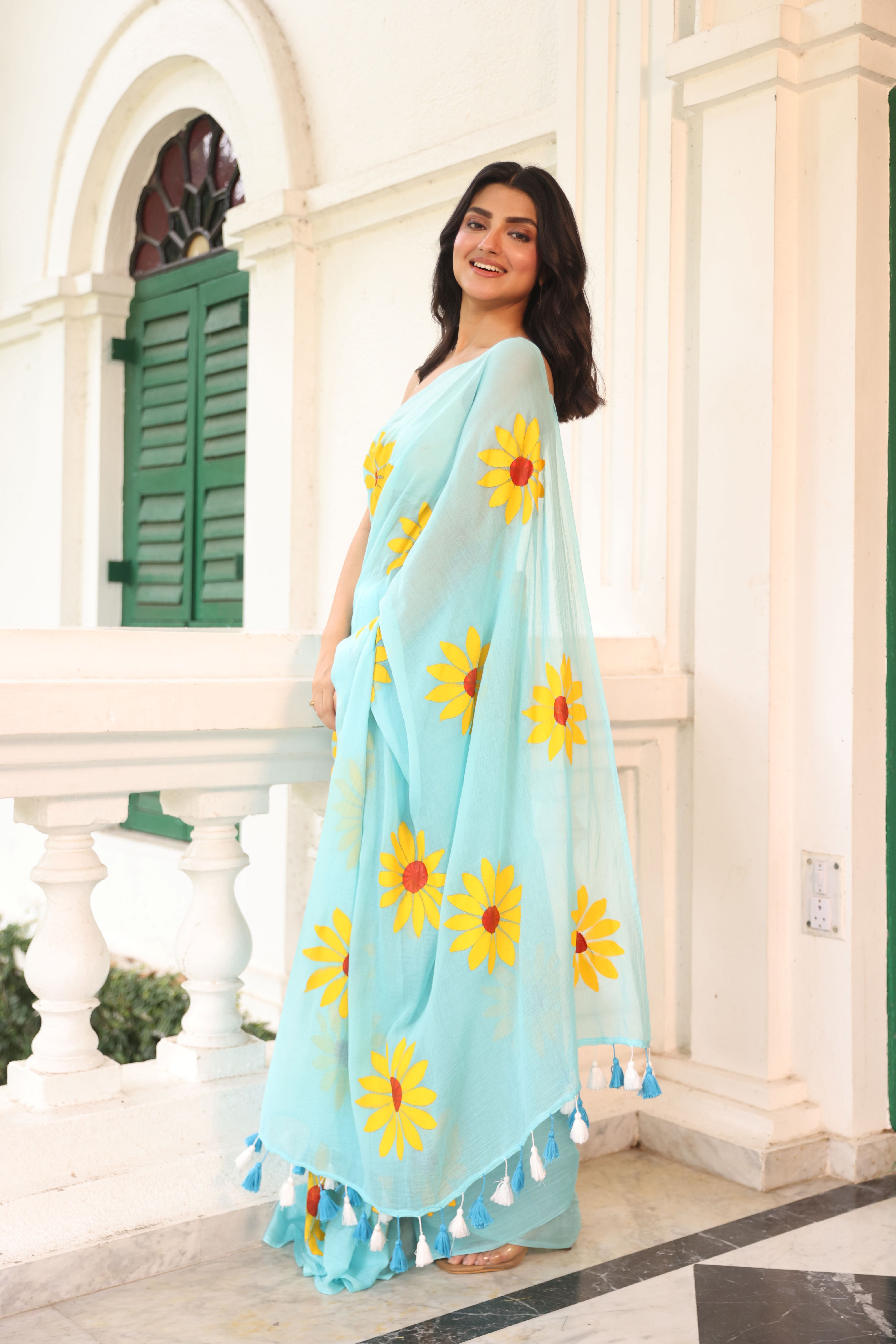 Sky blue with sunflower hand painted