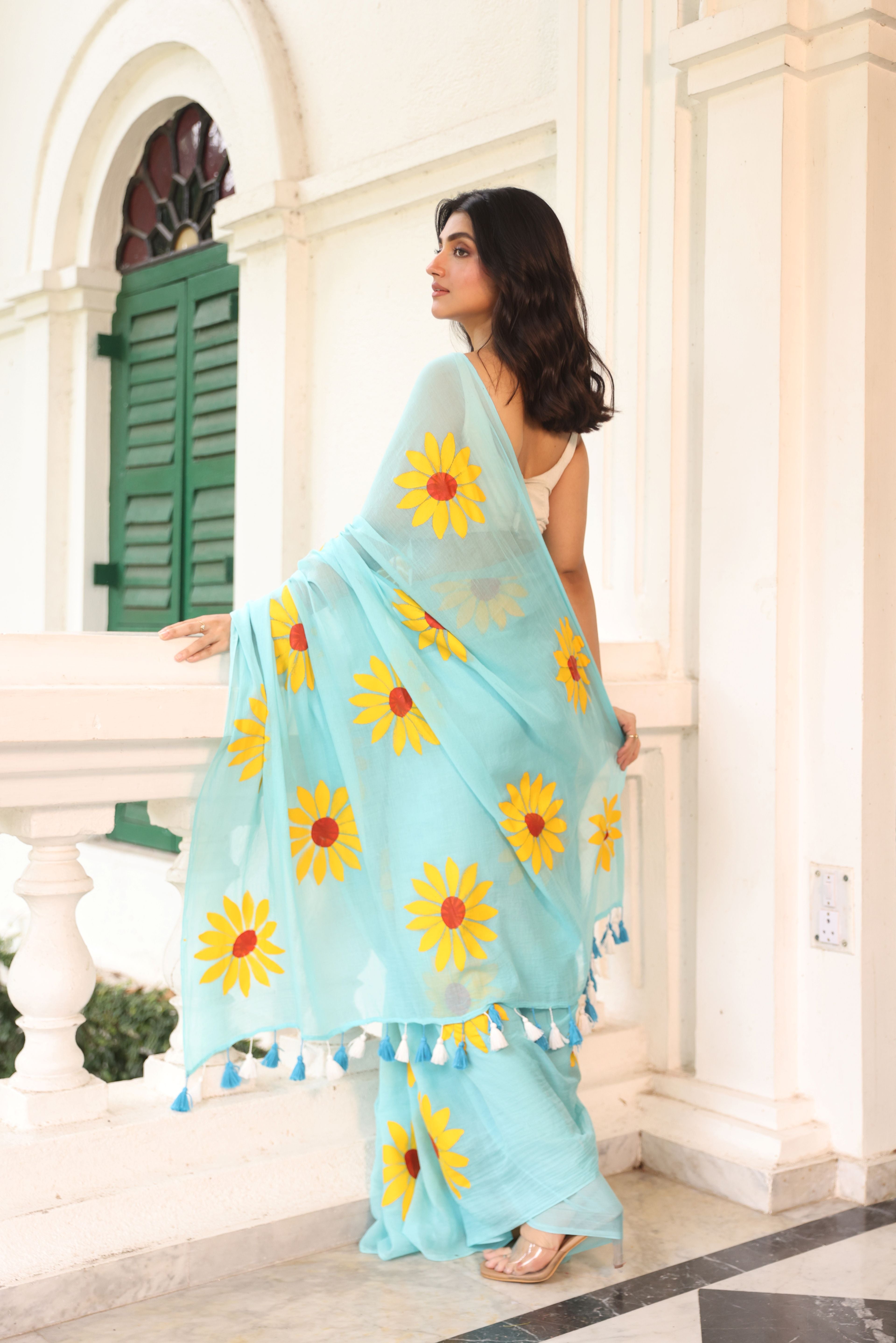 Sky blue with sunflower hand painted